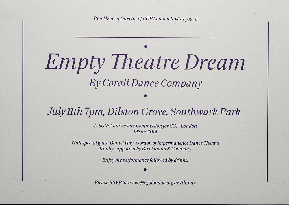 A postcard for Empty Theatre Dream by Corali Dance Company 2014 to celebrate the 30th Anniversary of Café Gallery Projects. The postcard is a written invitation by Director Ron Henocq.